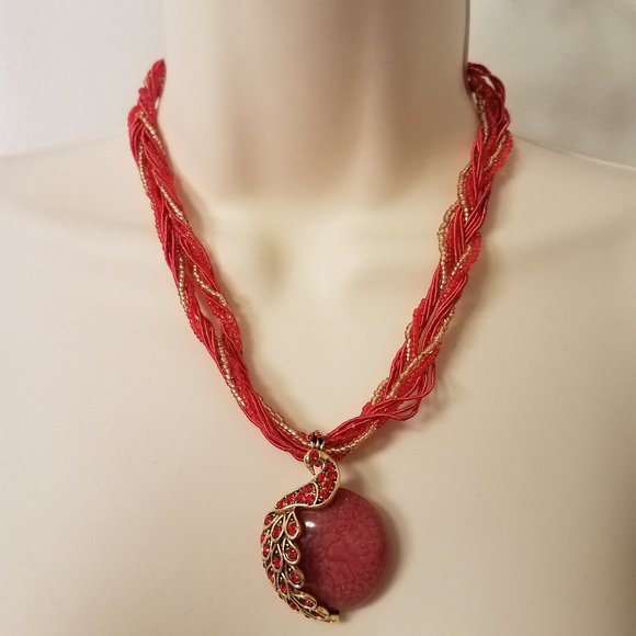 Red beaded necklace with rhinestone peacock charm - Picture 1 of 8